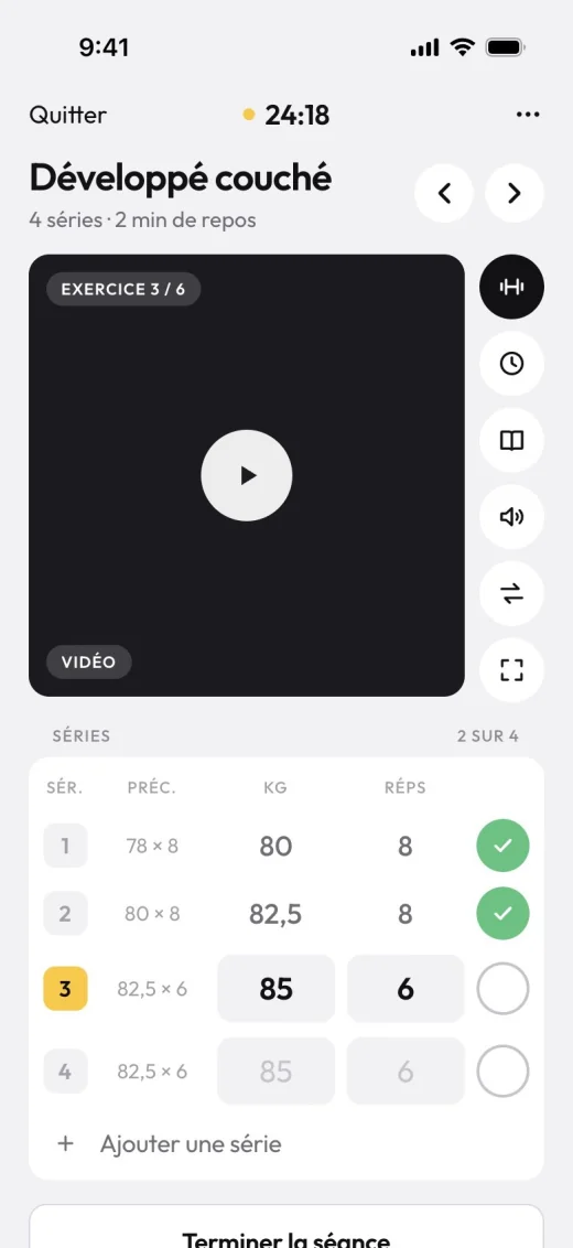 Séance guidée dans l'app client avec la vidéo de l'exercice