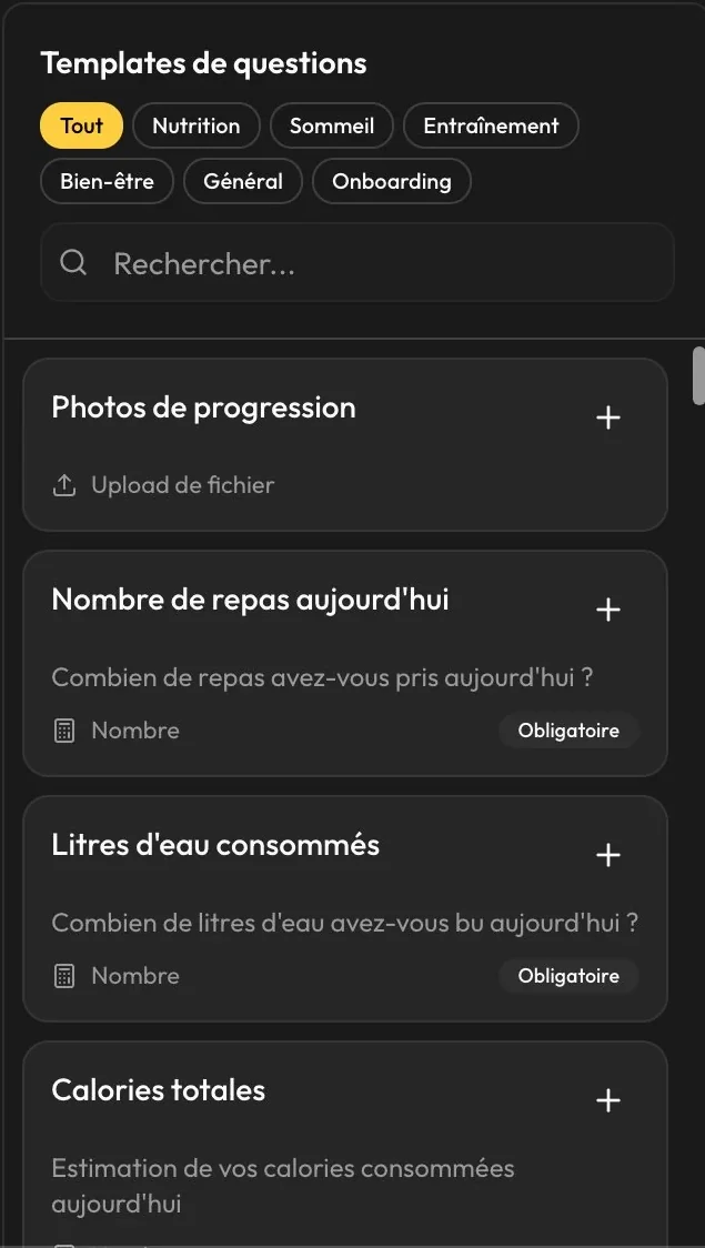 Modèles de questions par thème dans l'éditeur de questionnaire