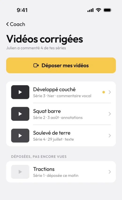 Liste des vidéos corrigées par le coach dans l'app client