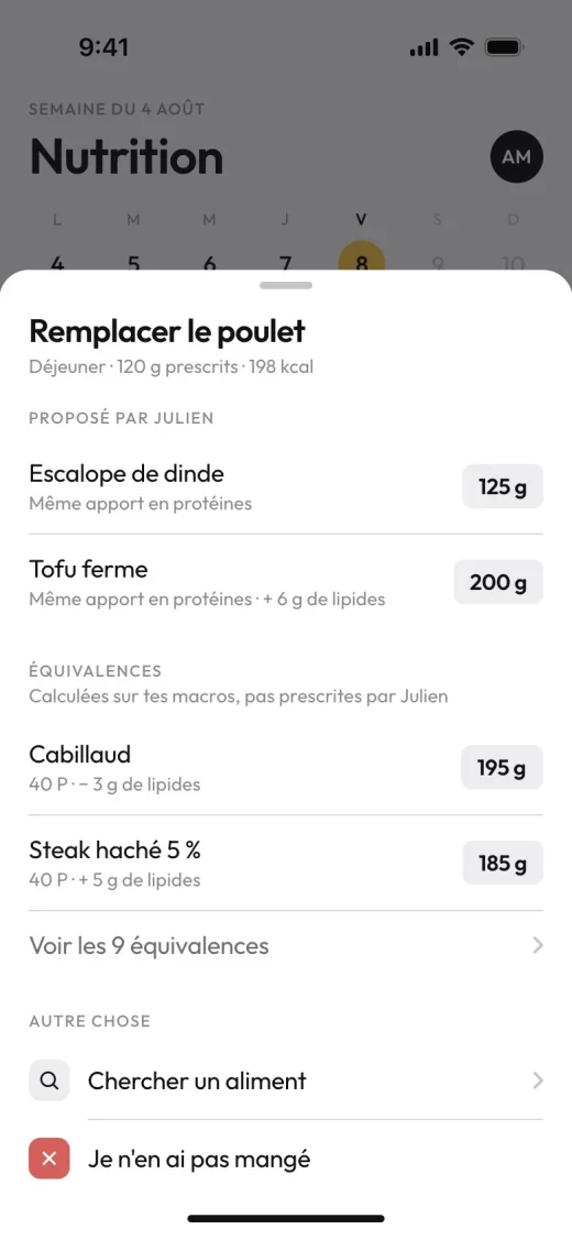 Remplacement d'un aliment dans l'app client : alternatives du coach et équivalences calculées