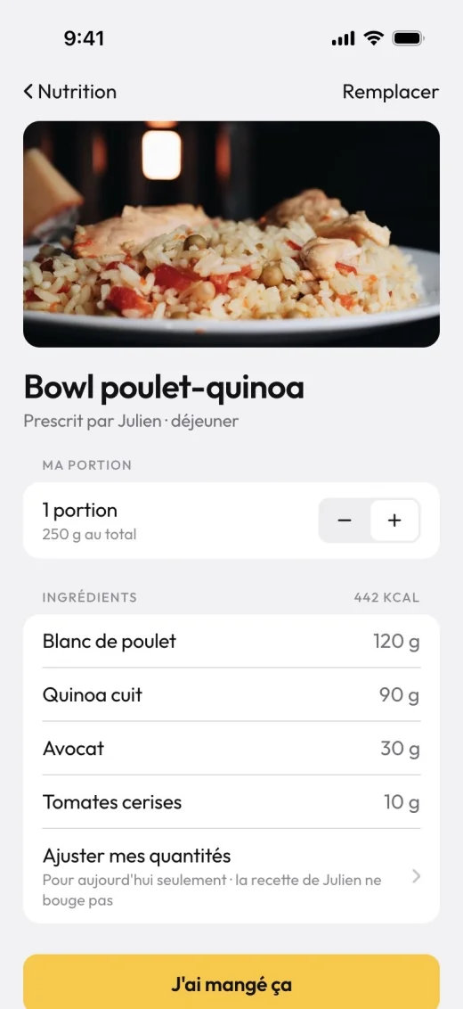 Recette du plan dans l'app client : portion, ingrédients et quantités