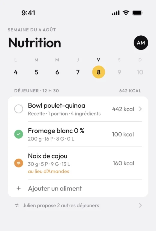Repas du jour dans l'app client avec une recette du plan