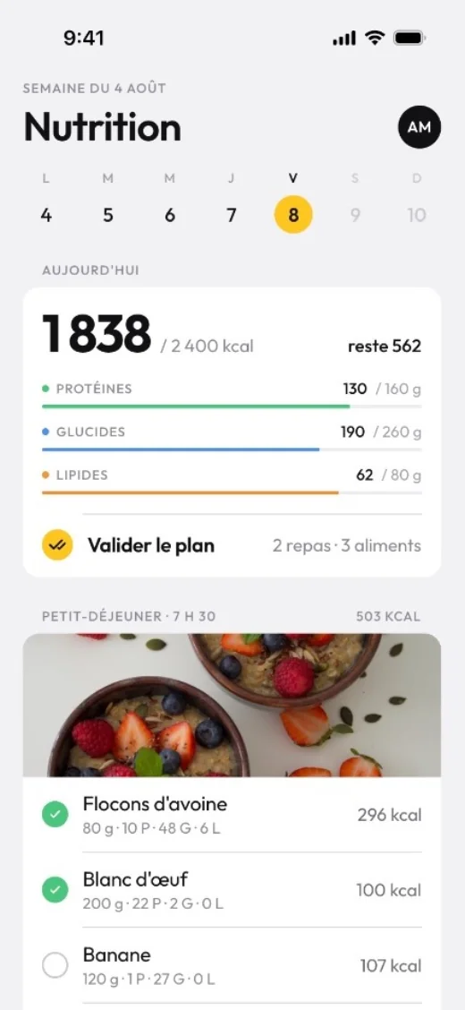 Plan du jour dans l'app client, repas par repas
